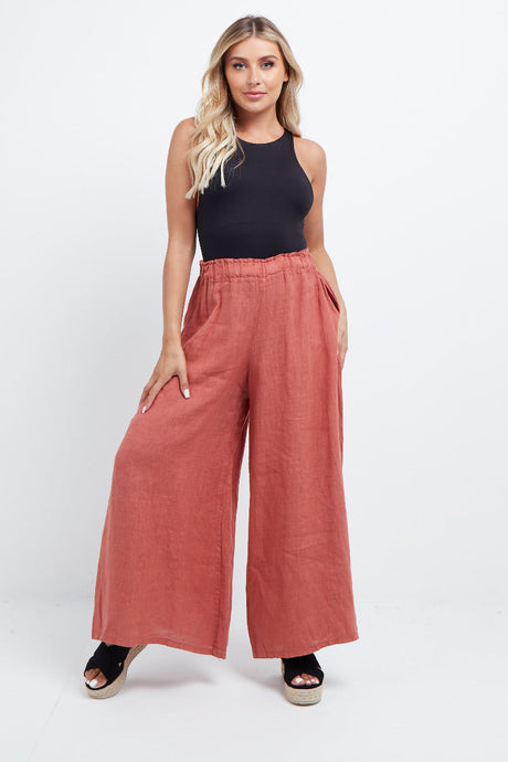 Women Plain Wide Leg Linen Palazzo