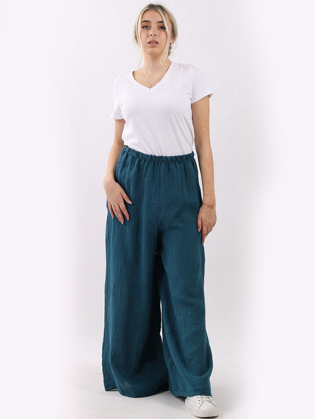 Women Plain Wide Leg Linen Palazzo