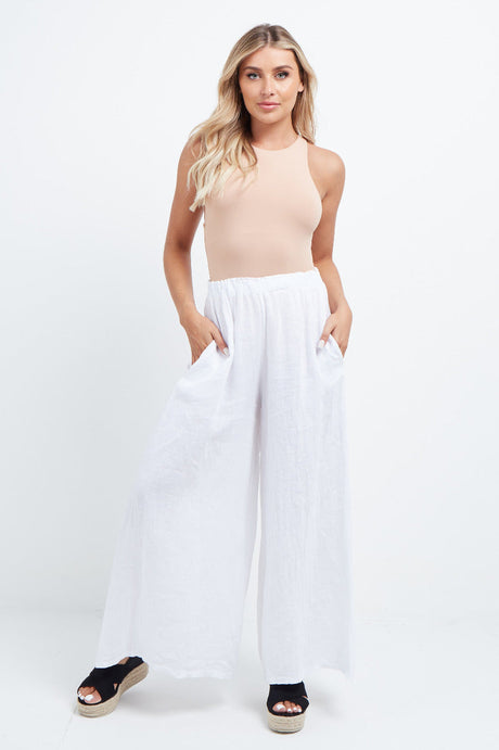 Women Plain Wide Leg Linen Palazzo