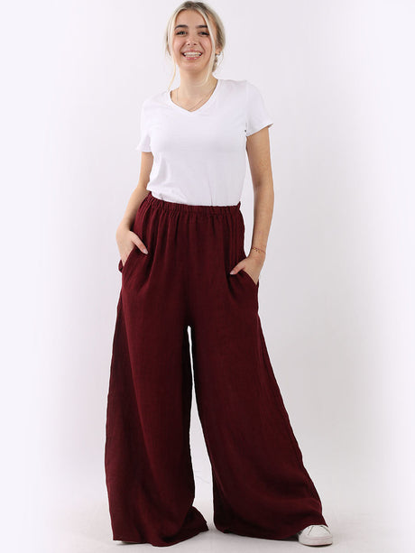 Women Plain Wide Leg Linen Palazzo