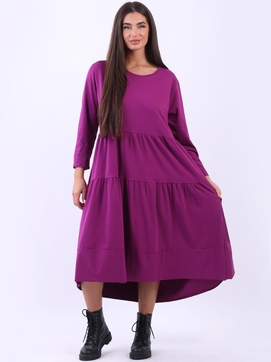 Italian Women Plain Cotton Lagenlook Tiered Dress