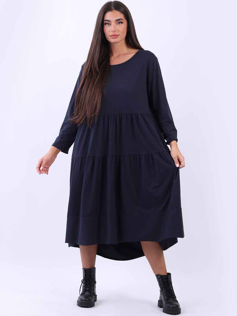 Italian Women Plain Cotton Lagenlook Tiered Dress Navy One Size UK 14 20