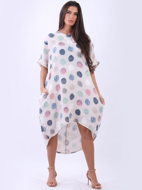 Women Polka Dots Linen Lagenook Summer Midi Dress