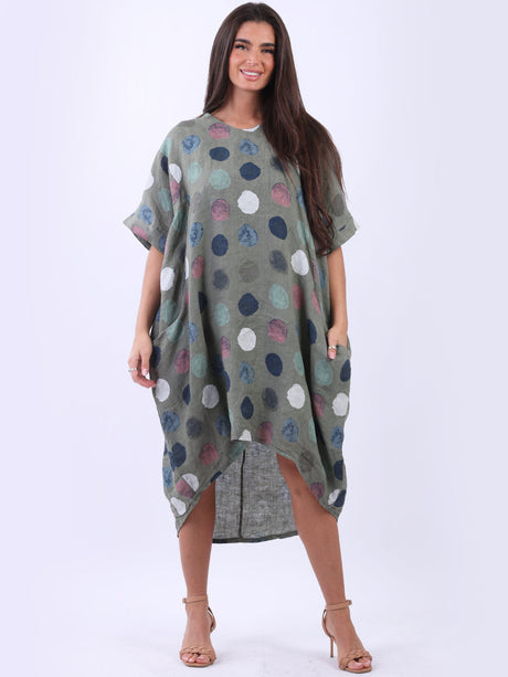 Women Polka Dots Linen Lagenook Summer Midi Dress