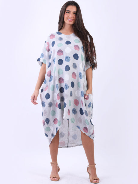 Women Polka Dots Linen Lagenook Summer Midi Dress