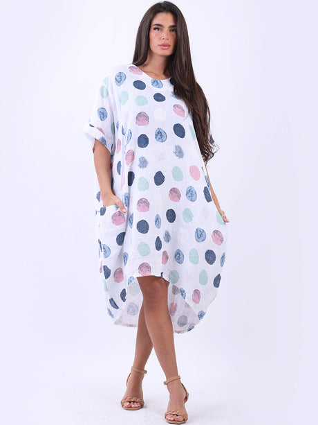 Women Polka Dots Linen Lagenook Summer Midi Dress