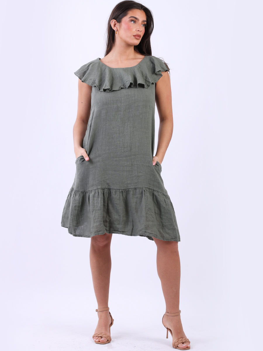 Sleeveless Ruffle Neck Solid Linen Knee Length Top