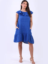 Sleeveless Ruffle Neck Solid Linen Knee Length Top