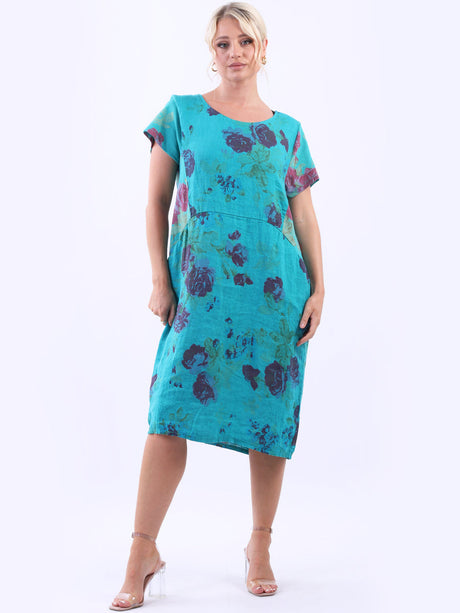 Floral Print Ribbed Side Linen Women Dress