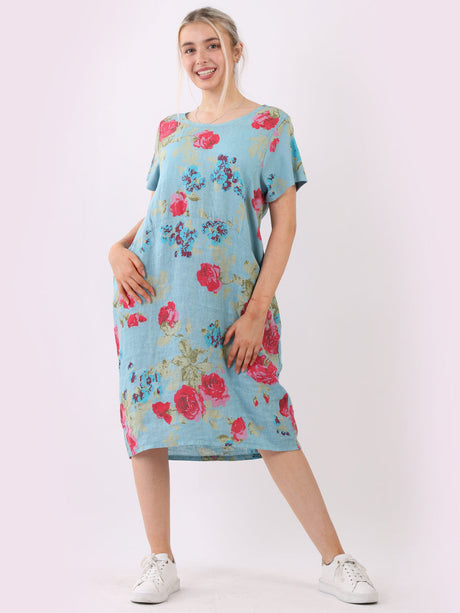 Floral Print Ribbed Side Linen Women Dress