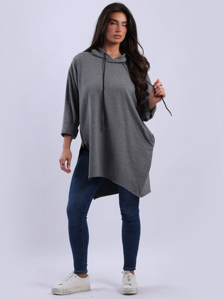 Ladies Zip Detailed Solid Cotton Hoodie Top