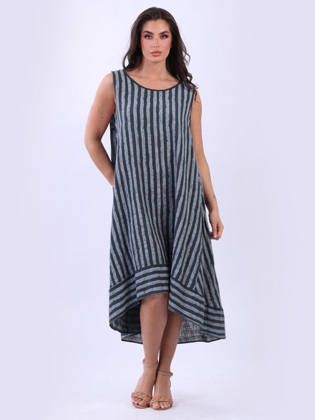 Stripy Print Sleeveless Lagenlook Cotton Plus Size Midi Dress