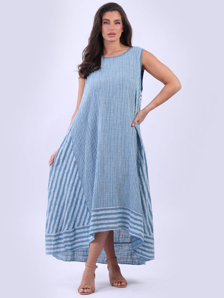 Stripy Print Sleeveless Lagenlook Cotton Plus Size Midi Dress