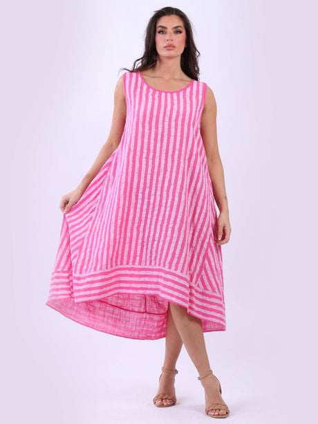 Stripy Print Sleeveless Lagenlook Cotton Plus Size Midi Dress