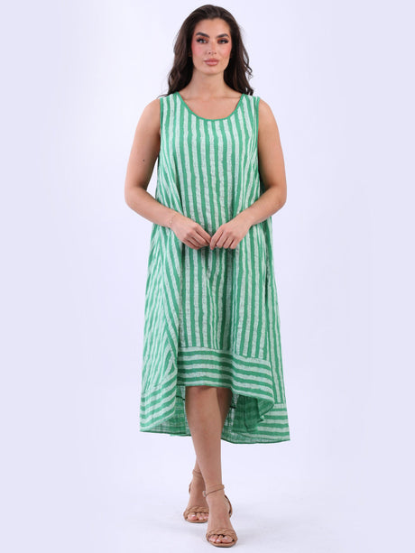 Stripy Print Sleeveless Lagenlook Cotton Plus Size Midi Dress