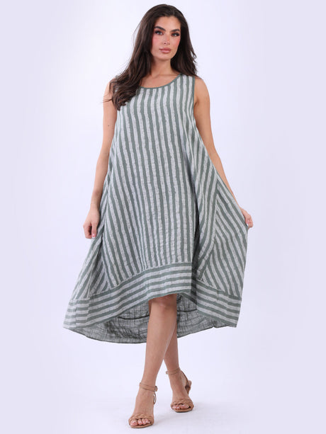 Stripy Print Sleeveless Lagenlook Cotton Plus Size Midi Dress