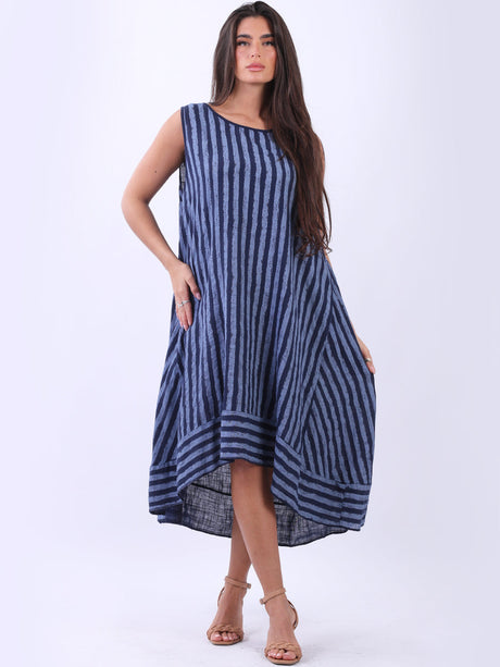 Stripy Print Sleeveless Lagenlook Cotton Plus Size Midi Dress