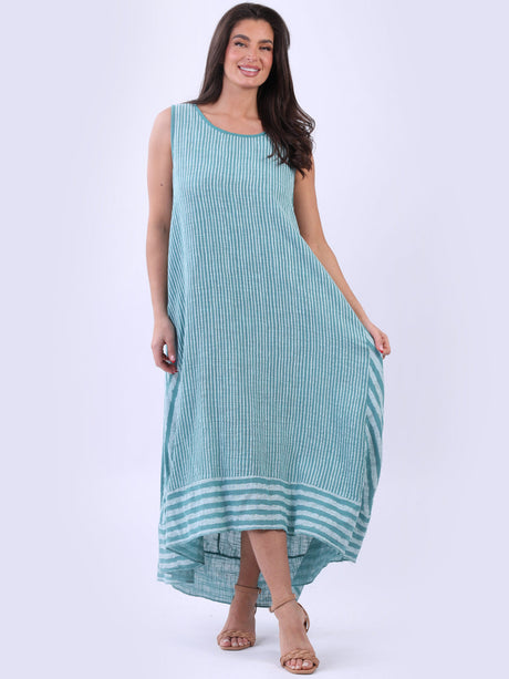 Stripy Print Sleeveless Lagenlook Cotton Plus Size Midi Dress