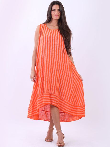 Stripy Print Sleeveless Lagenlook Cotton Plus Size Midi Dress