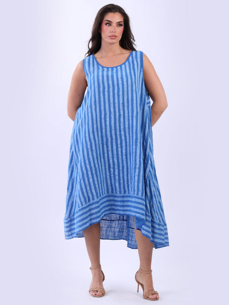 Stripy Print Sleeveless Lagenlook Cotton Plus Size Midi Dress