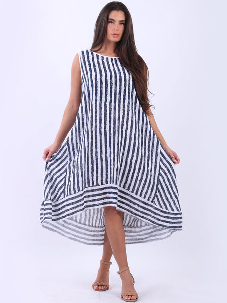 Stripy Print Sleeveless Lagenlook Cotton Plus Size Midi Dress