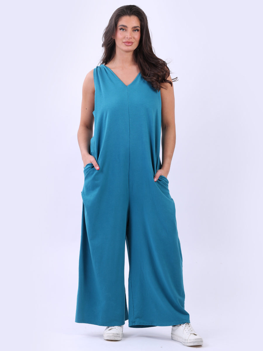 V Neck Plus Size Sleeveless Cotton Jumpsuit Aqua One Size UK 14 18