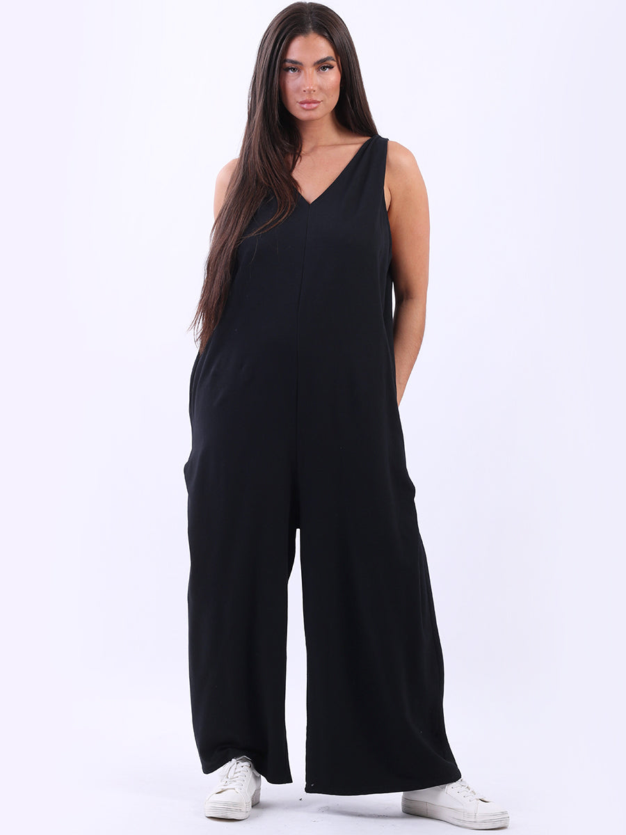 V Neck Plus Size Sleeveless Cotton Jumpsuit Black One Size UK 14 18
