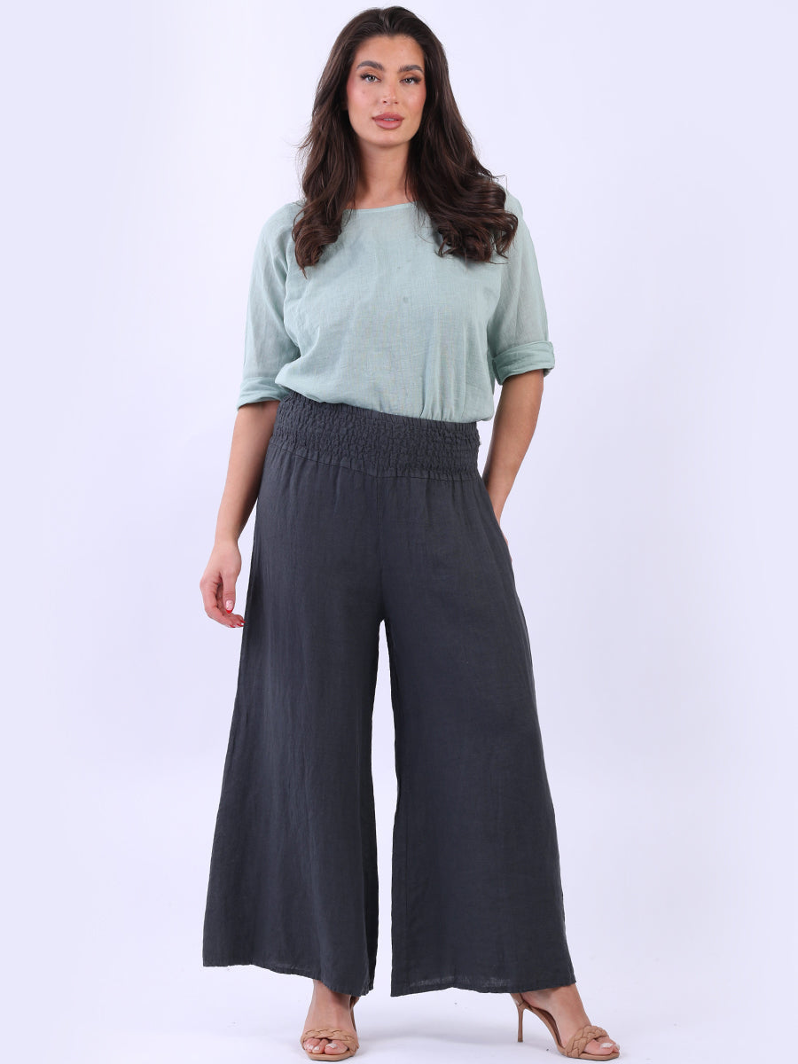 Wide Leg Linen Shirred Waist Ladies Pant