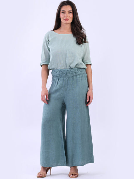 Wide Leg Linen Shirred Waist Ladies Pant