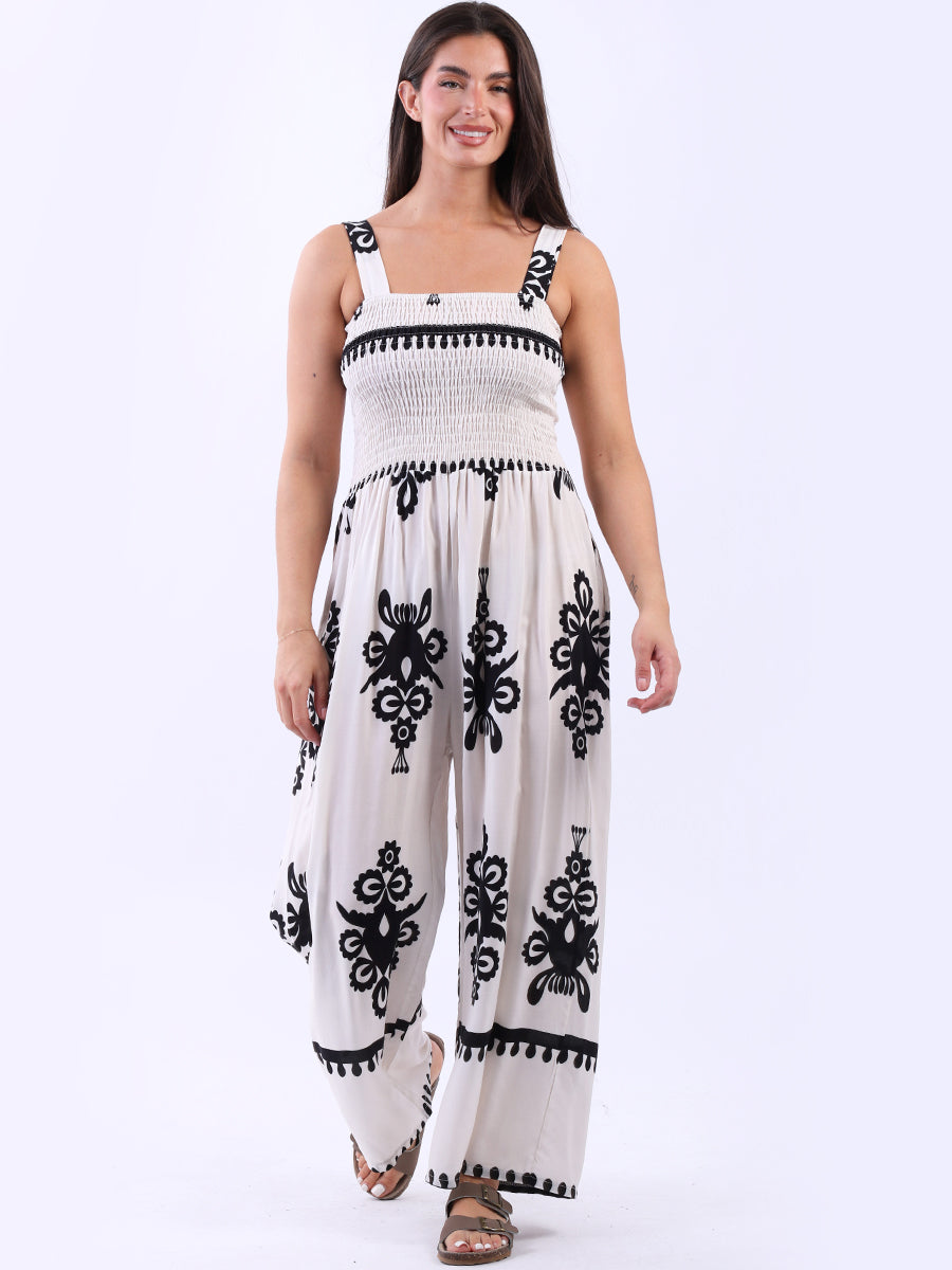 Damask Print Shirred Wide Leg Strappy Jumpsuit Yayavoo UK