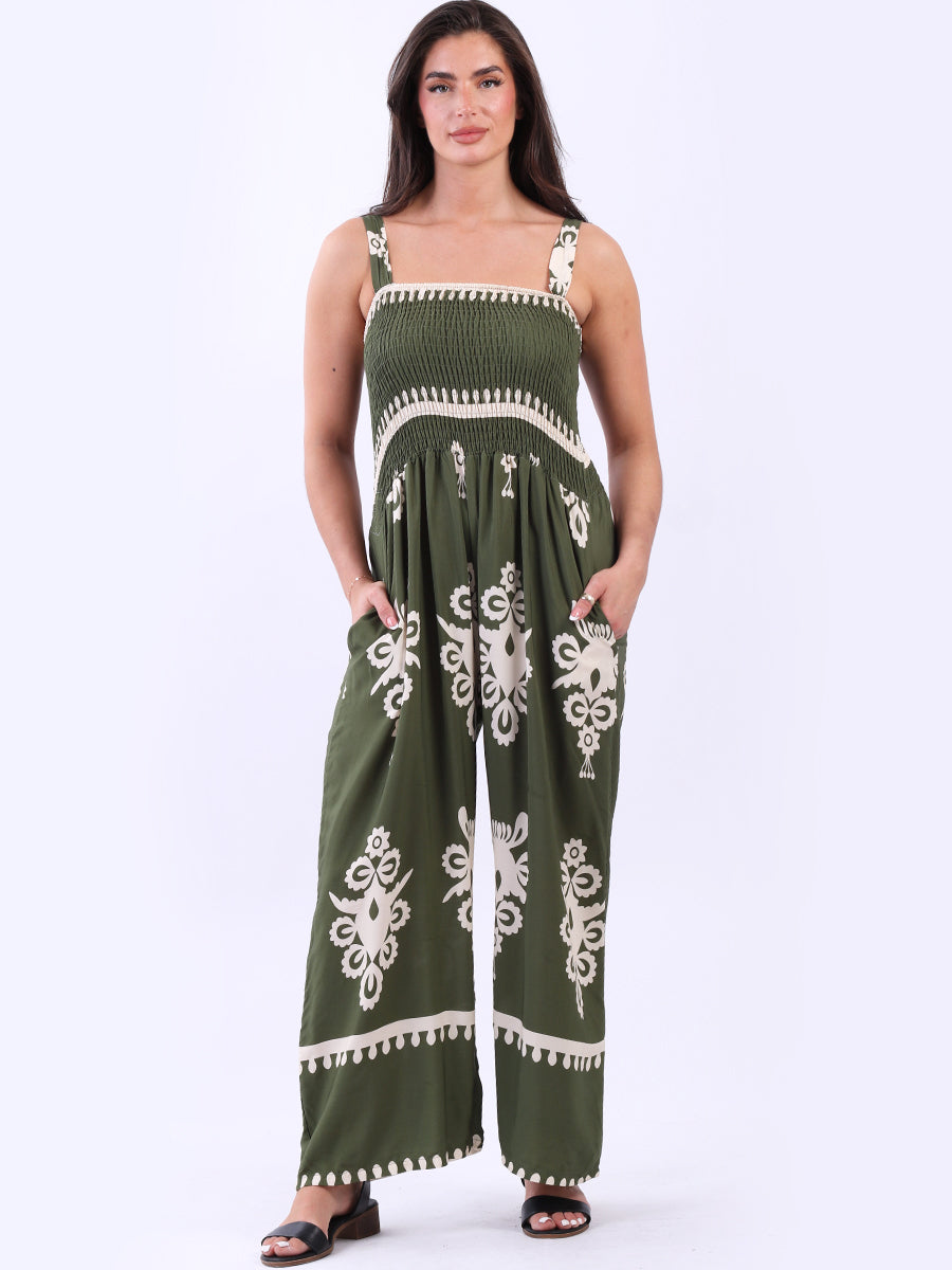 Damask Print Shirred Wide Leg Strappy Jumpsuit