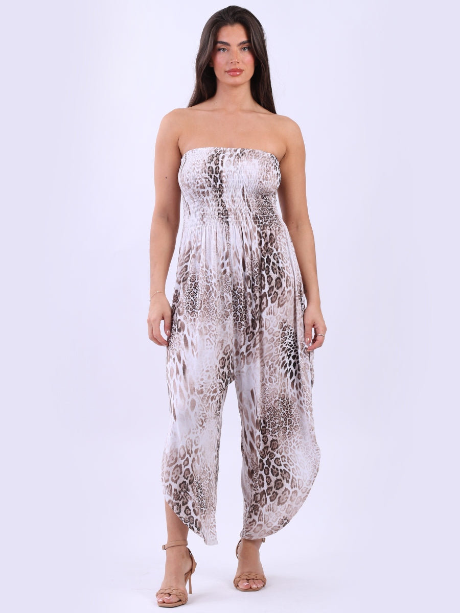 Snake Print Smocked Strapless Jumpsuit Beige One Size UK Fit 8 12