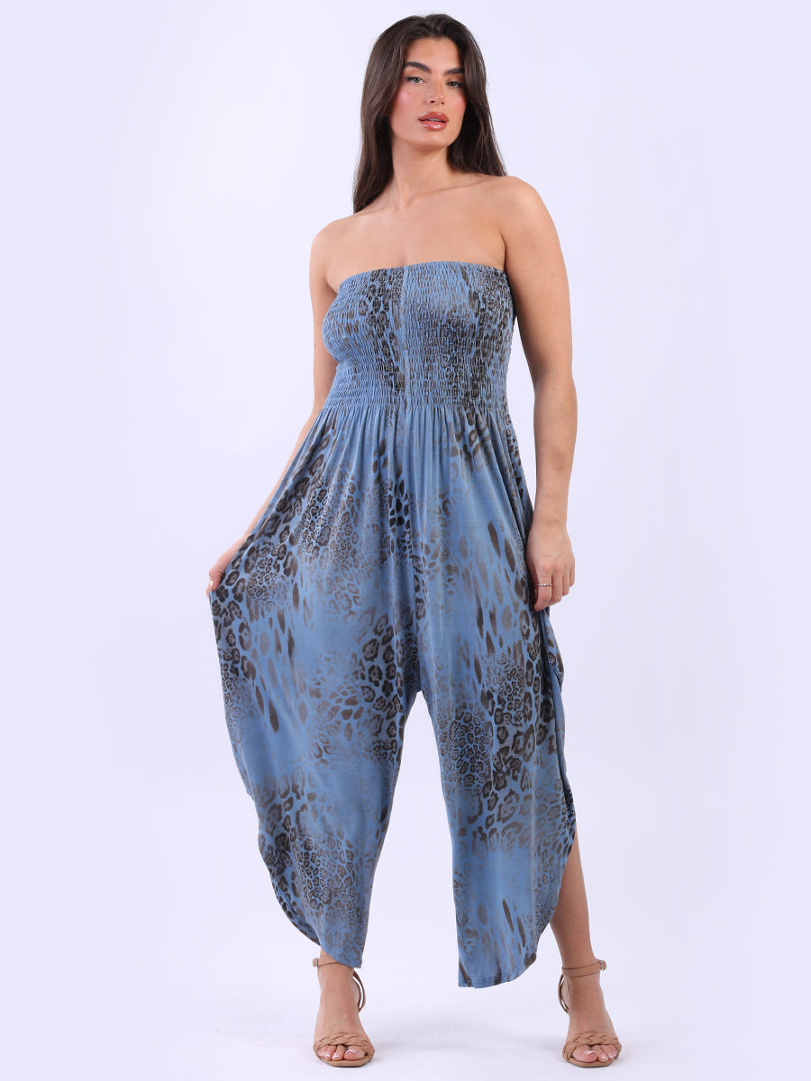 Snake Print Smocked Strapless Jumpsuit