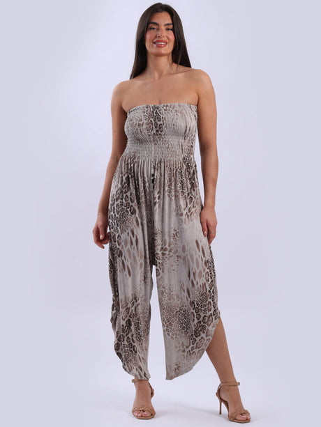 Snake Print Smocked Strapless Jumpsuit