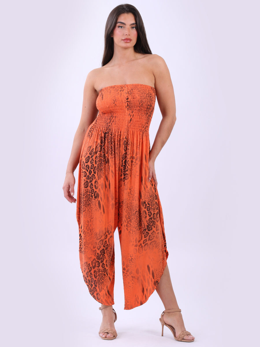 Snake Print Smocked Strapless Jumpsuit