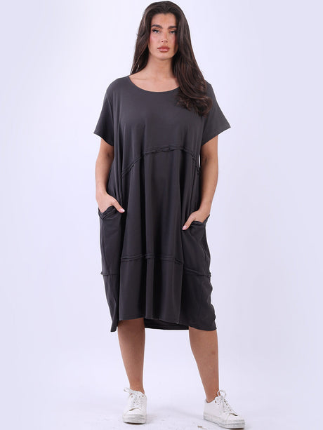 Plus Size Front Pleated Solid Cotton Midi Dress