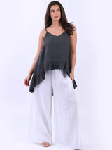 Women Plain Linen Ruffle Tunic Cami Top