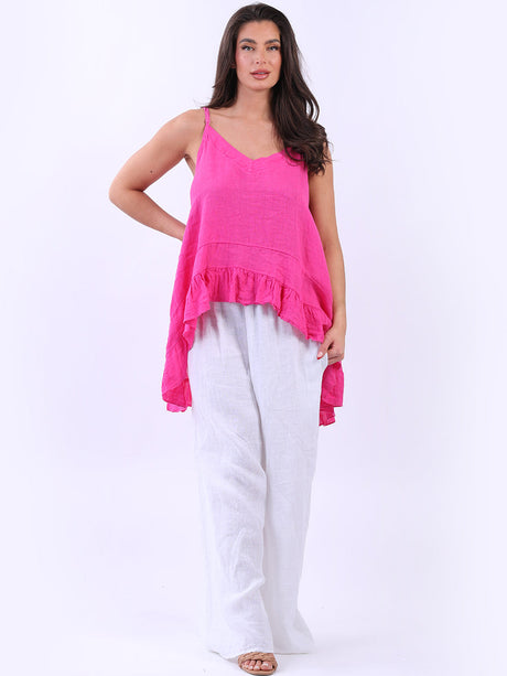 Women Plain Linen Ruffle Tunic Cami Top