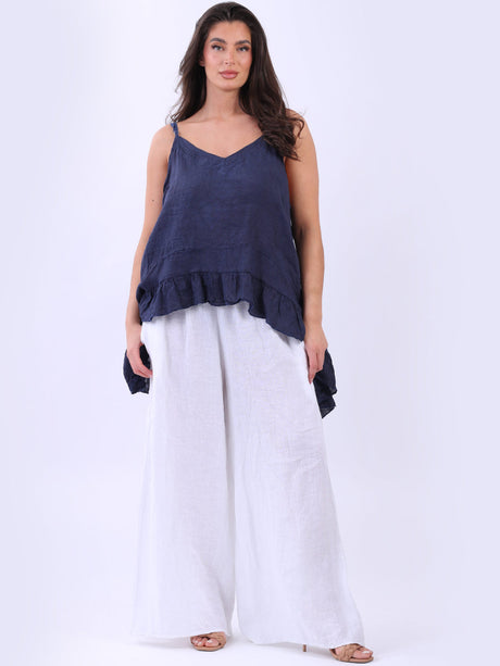 Women Plain Linen Ruffle Tunic Cami Top