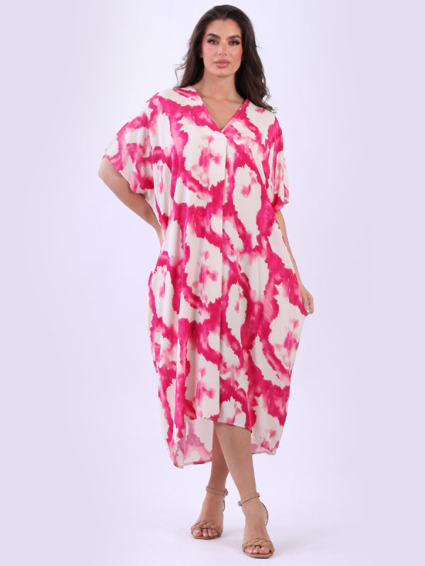 V Neck Tie And Dye Boho Beach Kaftan Dress Yayavoo UK