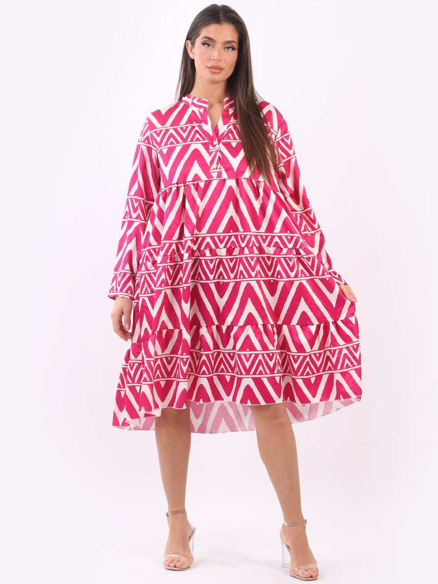 Ladies Tribe Print Tiered Swing Midi Dress