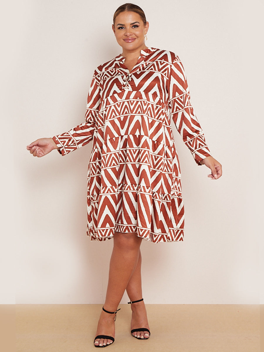 Ladies Tribe Print Tiered Swing Midi Dress