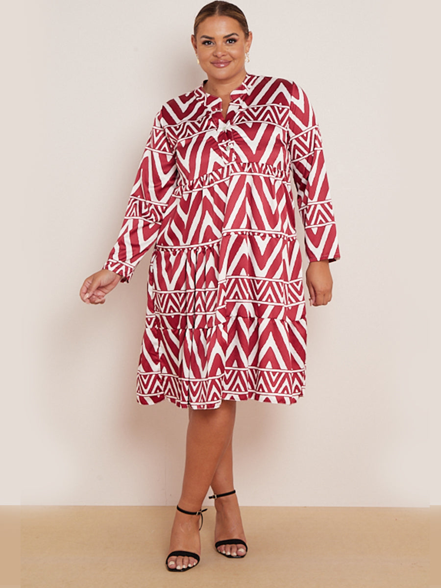 Ladies Tribe Print Tiered Swing Midi Dress