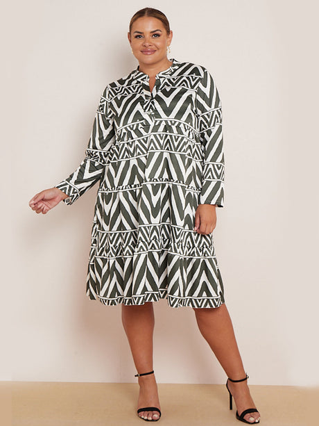 Ladies Tribe Print Tiered Swing Midi Dress