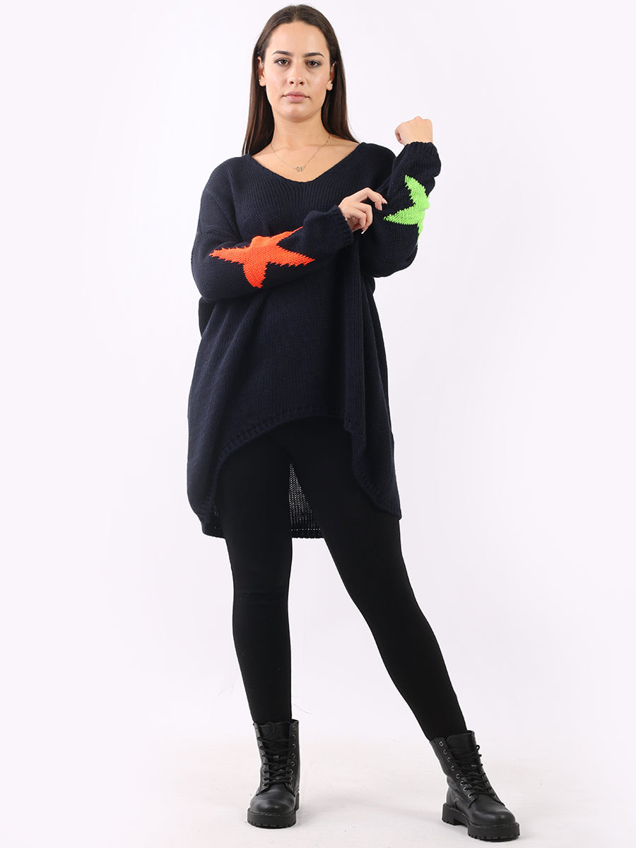 Plain Dip Hem Rib Knit Multi Star Baggy Jumper