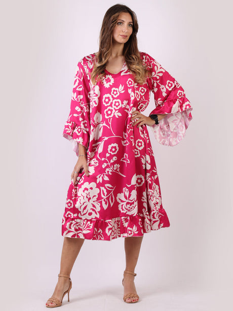 Made In Italy Floral Midi Swing Frilled Dress