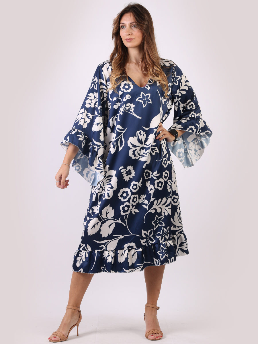 V-Neck Floral Print Midi Swing Dress