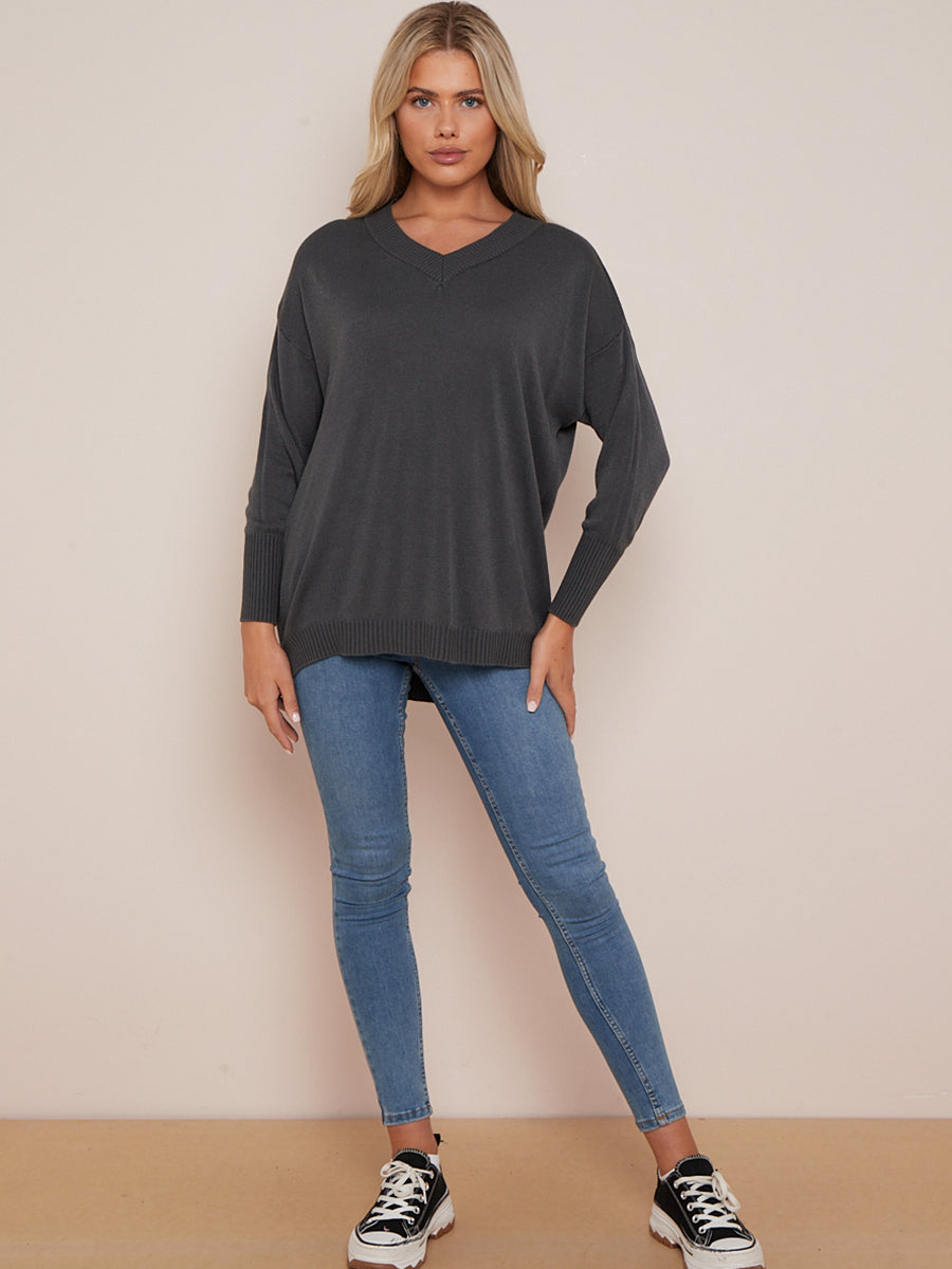 Women V-Neck Plain High Low Rib Knit Jumper