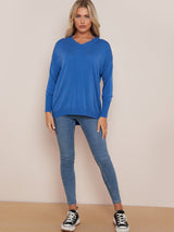 Women V-Neck Plain High Low Rib Knit Jumper