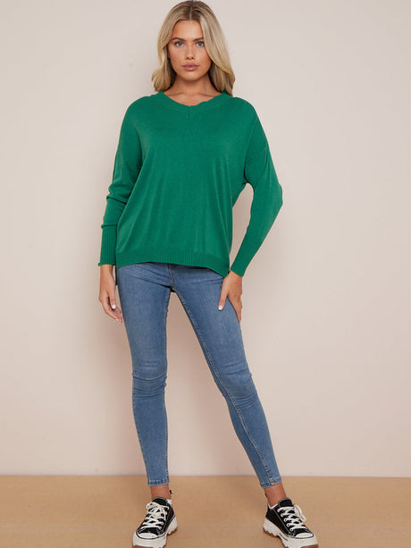 Women V-Neck Plain High Low Rib Knit Jumper